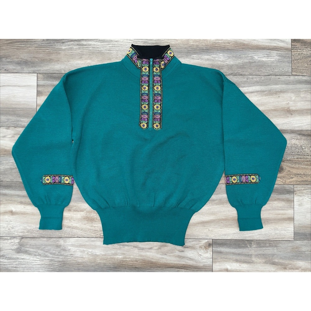 VINTAGE Meister Sweater Womens Large Green 1/4 Zip Embroidery Trim